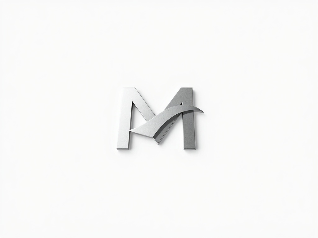 Geometric logo mark combining a stylized 'M' and motion wave, minimalist, clean lines, silver metallic finish, white background, 8k, product photography.